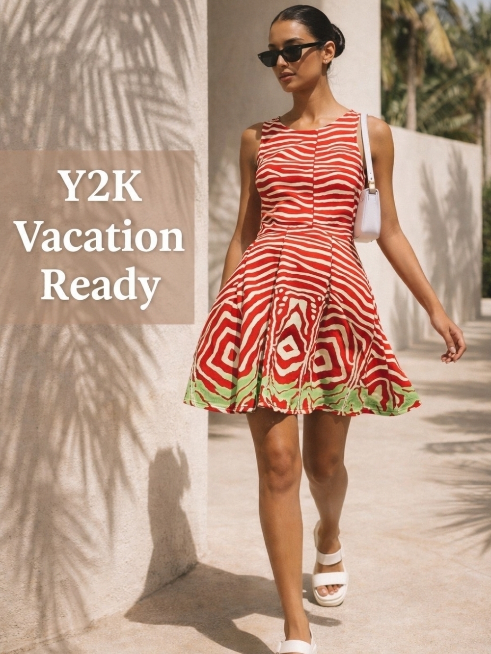 Y2K Red Zebra Print Fit & Flare Skater Dress Large Summer Vacation Mini Dress
